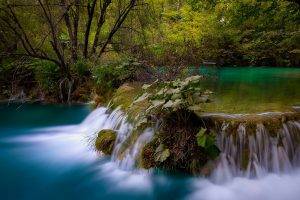 nature, Landscape, Waterfall, Long Exposure, Forest, Pond, Shrubs, Turquoise, Trees, Plitvice National Park, Croatia