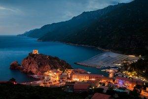 nature, Landscape, Cityscape, Harbor, Building, Sea, Mountain, Evening, Lights, Architecture, Island, Corsica