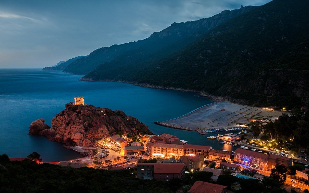 nature, Landscape, Cityscape, Harbor, Building, Sea, Mountain, Evening, Lights, Architecture, Island, Corsica Wallpaper