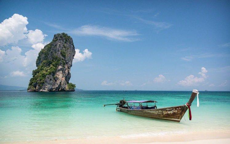 nature, Landscape, Rock, Island, Boat, Sea, Sand, Thailand, Tropical, Clouds, Beach, Water, Calm HD Wallpaper Desktop Background