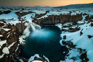 nature, Landscape, Iceland, Waterfall, Long Exposure, Pond, Snow, Winter, Cliff, Hill, Cold