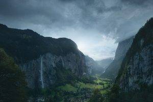 nature, Landscape, Switzerland, Village, Waterfall, Valley, Mountain, Clouds, Morning, Mist, Forest