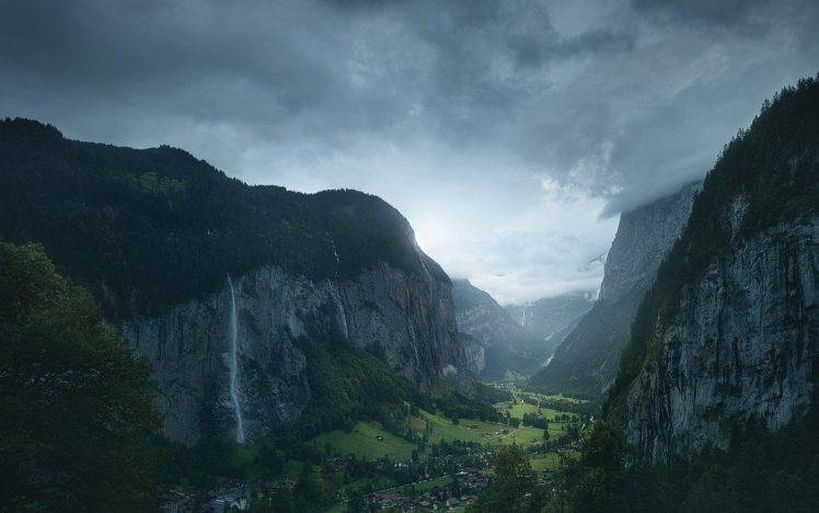 nature, Landscape, Switzerland, Village, Waterfall, Valley, Mountain, Clouds, Morning, Mist, Forest HD Wallpaper Desktop Background