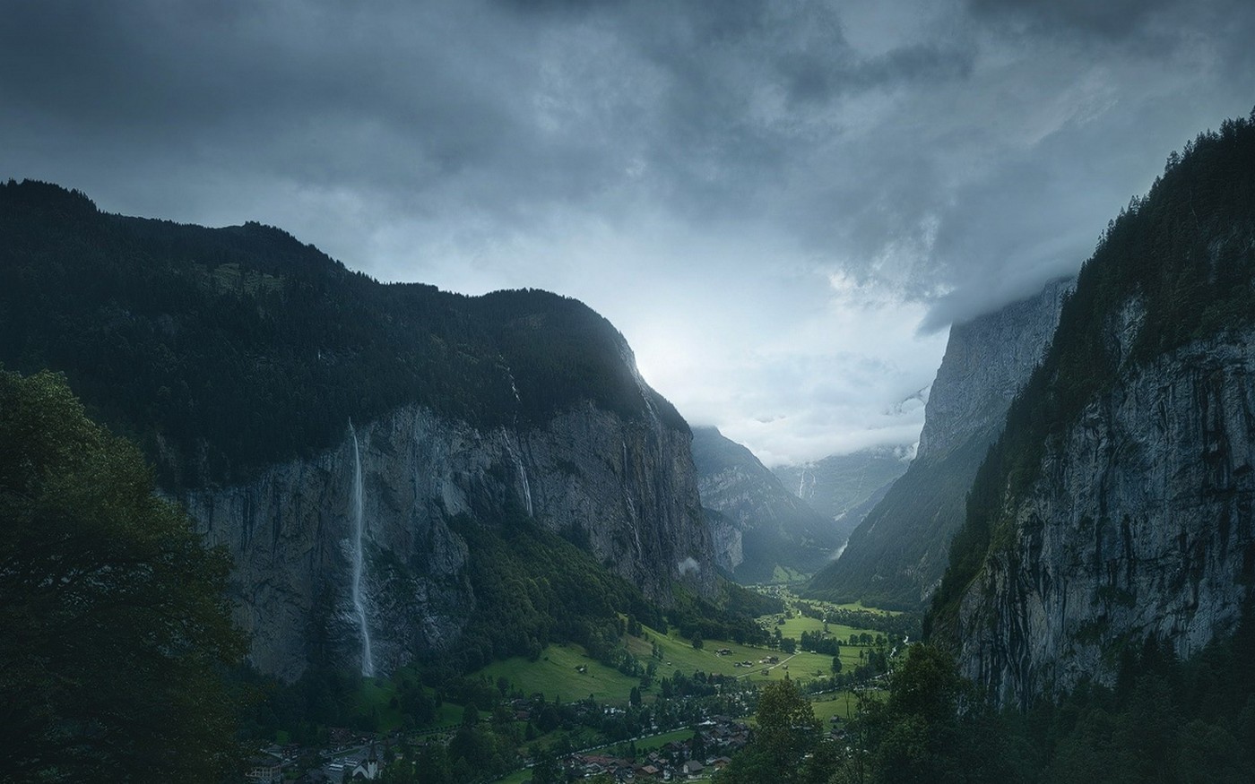 nature, Landscape, Switzerland, Village, Waterfall, Valley, Mountain, Clouds, Morning, Mist, Forest Wallpaper