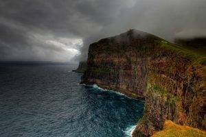 nature, Landscape, Clouds, Storm, Cliff, Sea, Coast, Faroe Islands