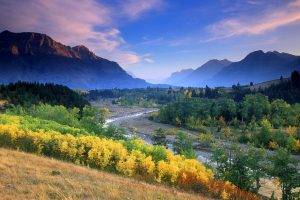 nature, Landscape, River, Fall, Mountain, Mist, Sunset, Forest, Clouds, Yellow, Blue, Green, Shrubs, Trees