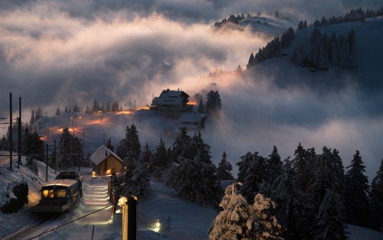 landscape, Nature, Switzerland, Sunset, Snow, Village, Train, Mist, Trees, Winter, Lights, Hill HD Wallpaper Desktop Background