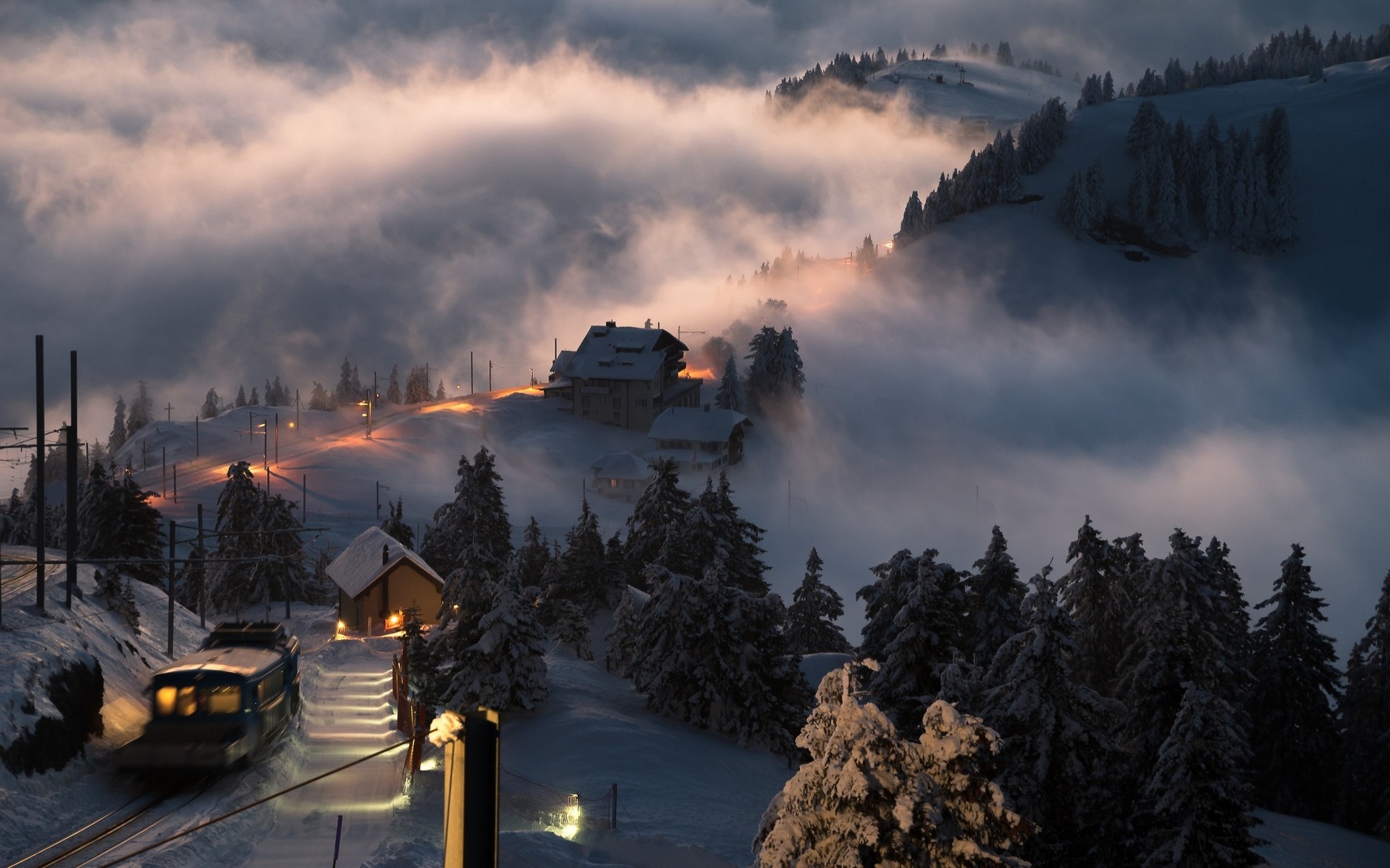 landscape, Nature, Switzerland, Sunset, Snow, Village, Train, Mist, Trees,  Winter, Lights, Hill Wallpapers HD / Desktop and Mobile Backgrounds