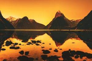 photography, Mountain, Lake, Sunset, Orange, Nature, Landscape, Reflection, Stones, Pebbles, Water, Calm