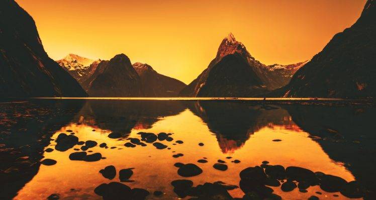 photography, Mountain, Lake, Sunset, Orange, Nature, Landscape, Reflection, Stones, Pebbles, Water, Calm HD Wallpaper Desktop Background