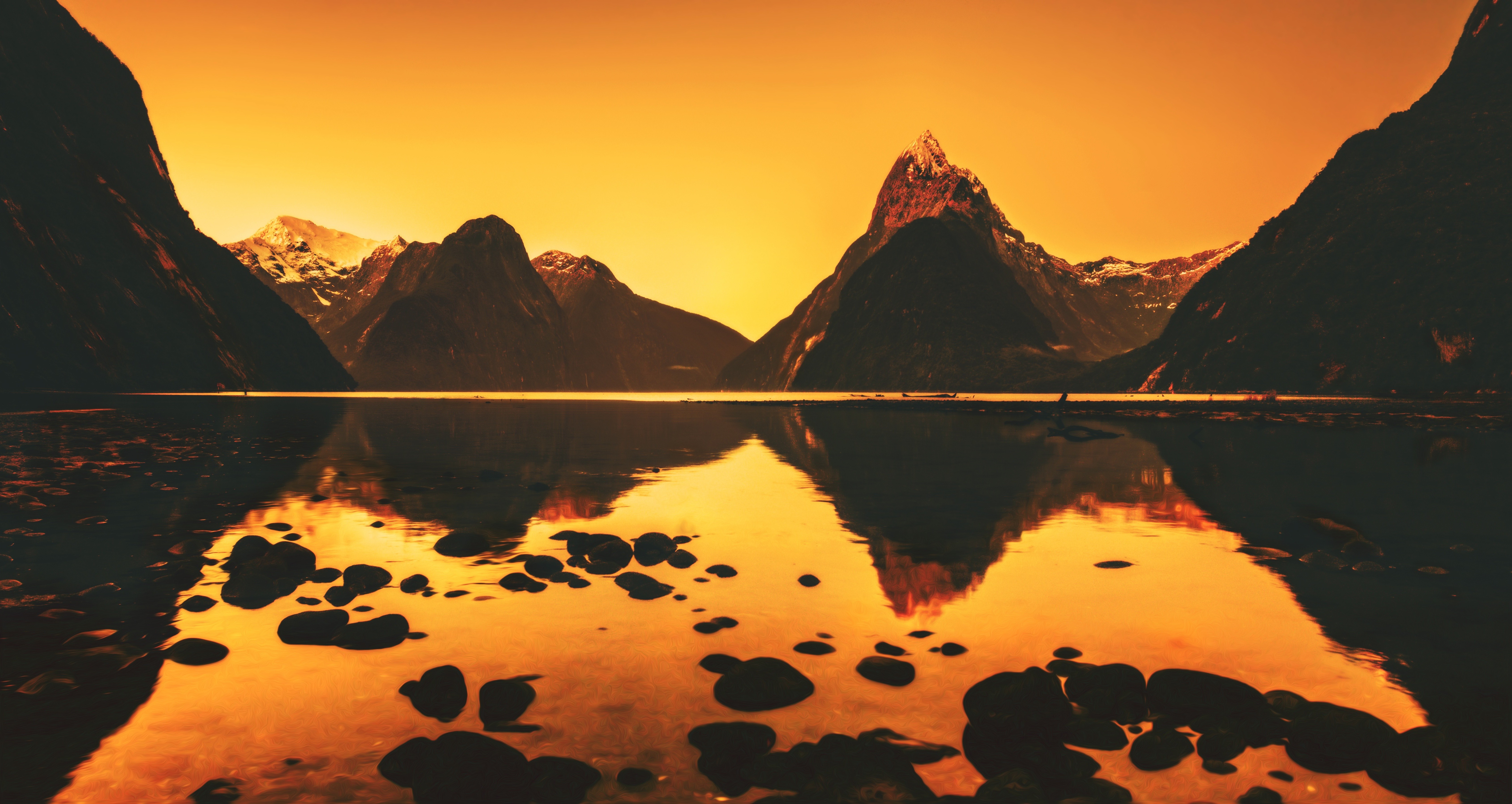 photography, Mountain, Lake, Sunset, Orange, Nature, Landscape, Reflection, Stones, Pebbles, Water, Calm Wallpaper