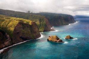 nature, Landscape, Coast, Cliff, Island, Sea, Clouds, Mountain, Kauai, Aerial View