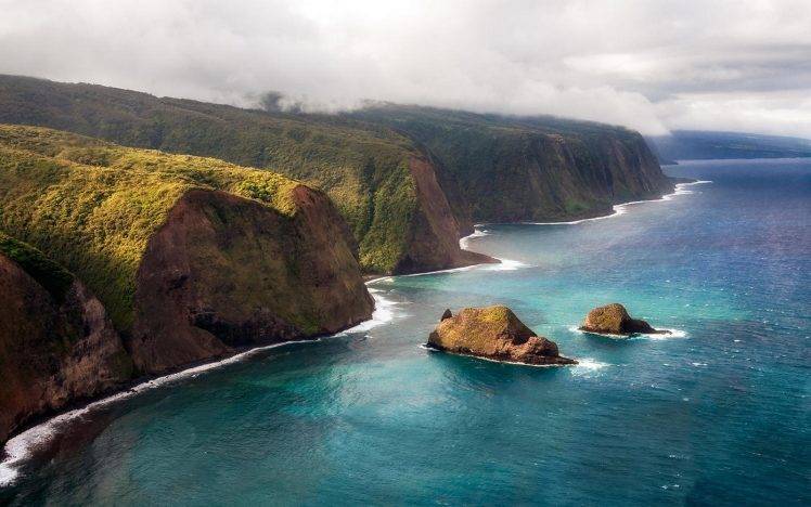 nature, Landscape, Coast, Cliff, Island, Sea, Clouds, Mountain, Kauai, Aerial View HD Wallpaper Desktop Background