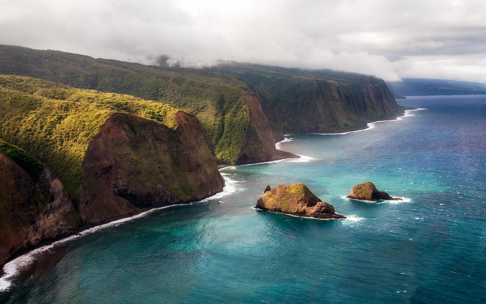 nature, Landscape, Coast, Cliff, Island, Sea, Clouds, Mountain, Kauai, Aerial View Wallpaper