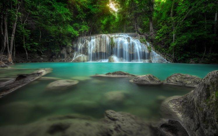 nature, Landscape, Waterfall, Forest, Thailand, Trees, Pond, Green, Turquoise, Tropical HD Wallpaper Desktop Background
