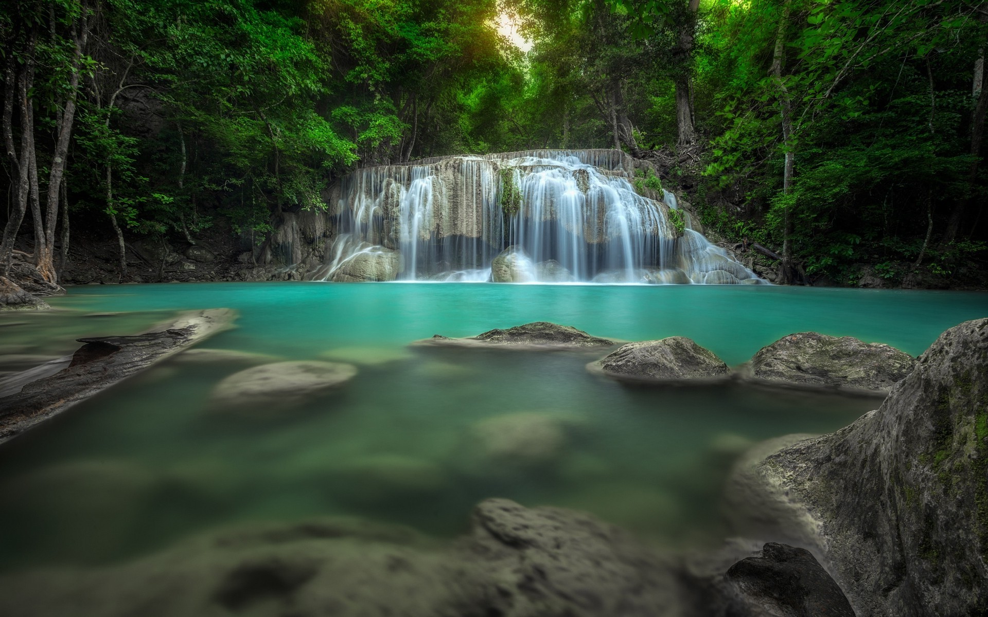 nature, Landscape, Waterfall, Forest, Thailand, Trees, Pond, Green, Turquoise, Tropical Wallpaper