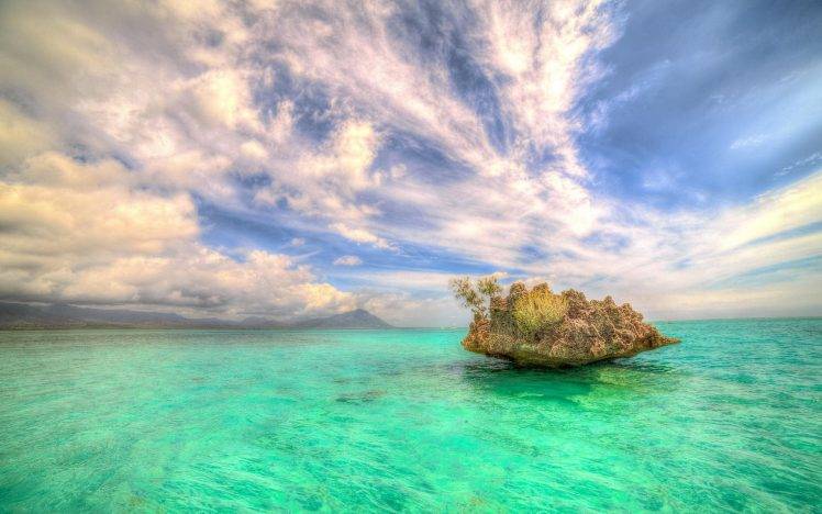 landscape, Nature, Rock, Island, Sea, Turquoise, Water, Mauritius, Africa, Tropical, Clouds, Summer HD Wallpaper Desktop Background