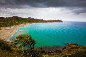 nature, Landscape, Beach, Sand, Shrubs, Wildflowers, Hill, Sea, Turquoise, Water, Island, Corsica, Clouds