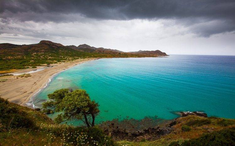 nature, Landscape, Beach, Sand, Shrubs, Wildflowers, Hill, Sea, Turquoise, Water, Island, Corsica, Clouds HD Wallpaper Desktop Background
