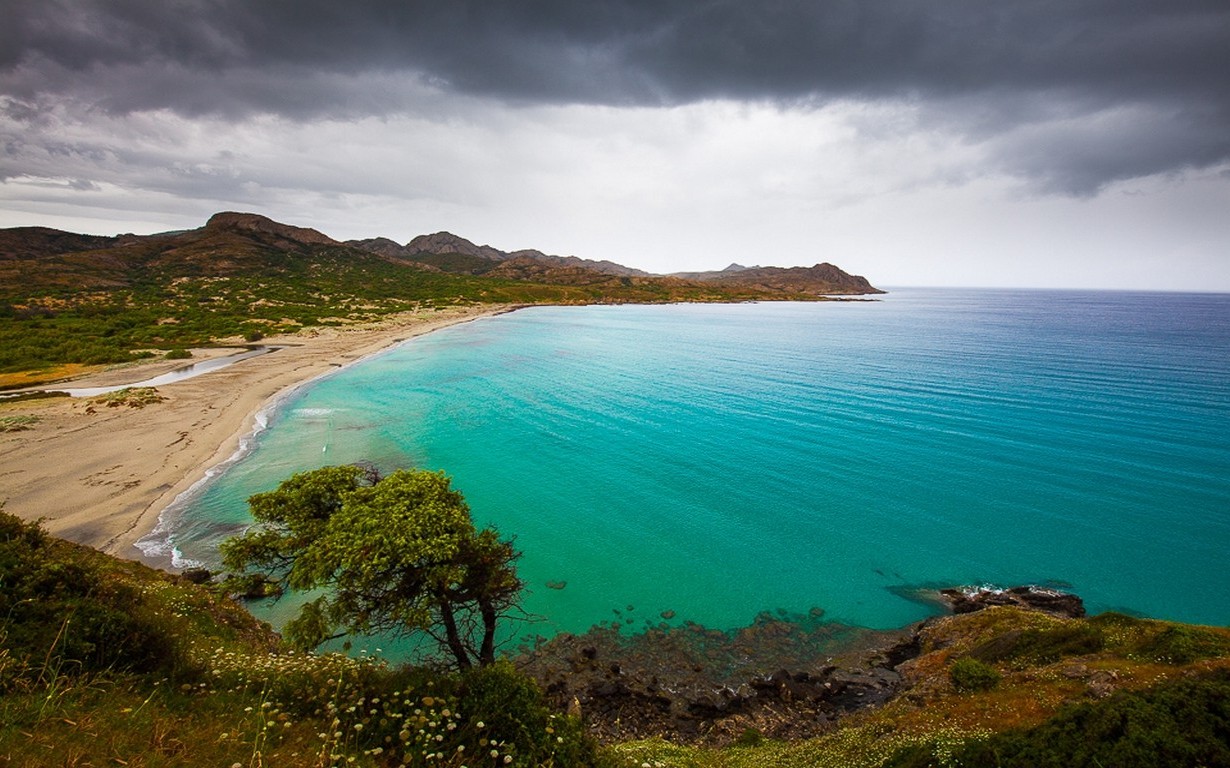 nature, Landscape, Beach, Sand, Shrubs, Wildflowers, Hill, Sea, Turquoise, Water, Island, Corsica, Clouds Wallpaper