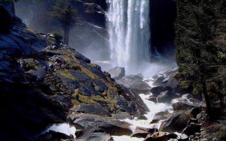 nature, Landscape, Waterfall, Yosemite National Park, Trees, Hiking, Rock, Mist HD Wallpaper Desktop Background