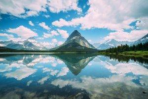 nature, Landscape, Mountain, Glacier National Park, Montana, Lake, Reflection, Forest, Snowy Peak, Clouds