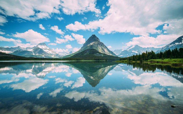 nature, Landscape, Mountain, Glacier National Park, Montana, Lake, Reflection, Forest, Snowy Peak, Clouds HD Wallpaper Desktop Background