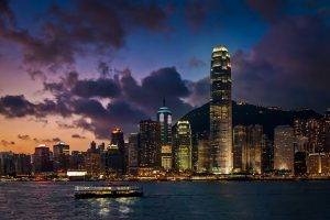 landscape, Hong Kong, Harbor, Skyscraper, Cityscape, Ferry, Sea, Evening, Lights, Architecture, Modern, China, Clouds, Urban, Metropolis