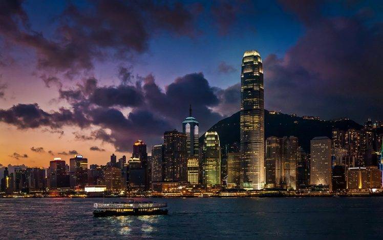 landscape, Hong Kong, Harbor, Skyscraper, Cityscape, Ferry, Sea, Evening, Lights, Architecture, Modern, China, Clouds, Urban, Metropolis HD Wallpaper Desktop Background