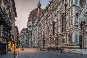 architecture, Old Building, Town, Street, Urban, Florence, Italy, Lights, Cathedral, Arch, Gothic Architecture, Dome, Bench, Car, Europe, Building, Evening