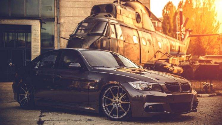 BMW E90, Helicopters, Sunlight HD Wallpaper Desktop Background