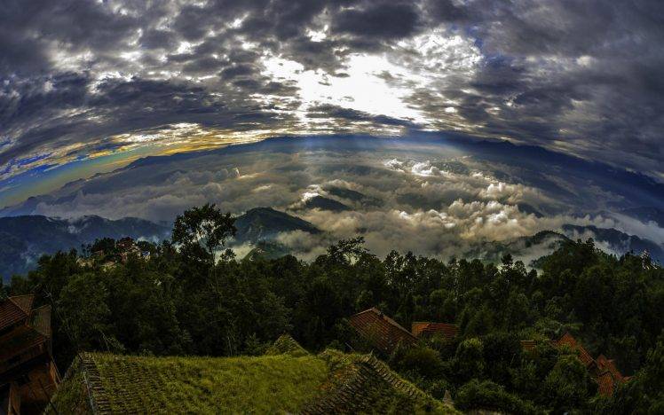 nature, Landscape, Nepal, Sunrise, Trees, Clouds, Mountain, Sun Rays, Rooftops, Sky, Panoramas HD Wallpaper Desktop Background
