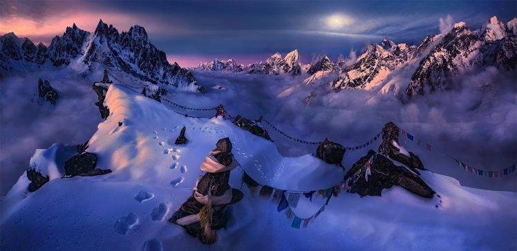 nature, Landscape, Mountain, Snow, Summit, Moonlight, Sky, Flag, Winter, Cold, Nepal, Himalayas HD Wallpaper Desktop Background