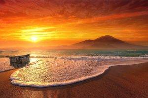 beach, Sunset, Mountain, Mist, Sea, Nature, Sand, Sky, Clouds, Yellow, Boat, Waves, Red, Landscape