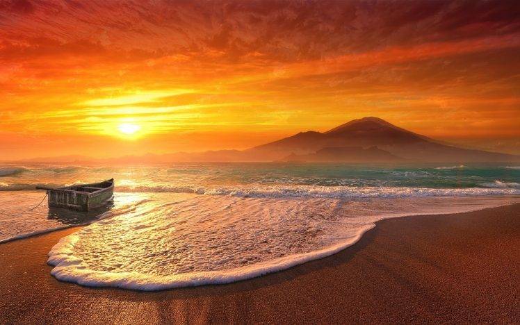 beach, Sunset, Mountain, Mist, Sea, Nature, Sand, Sky, Clouds, Yellow, Boat, Waves, Red, Landscape HD Wallpaper Desktop Background