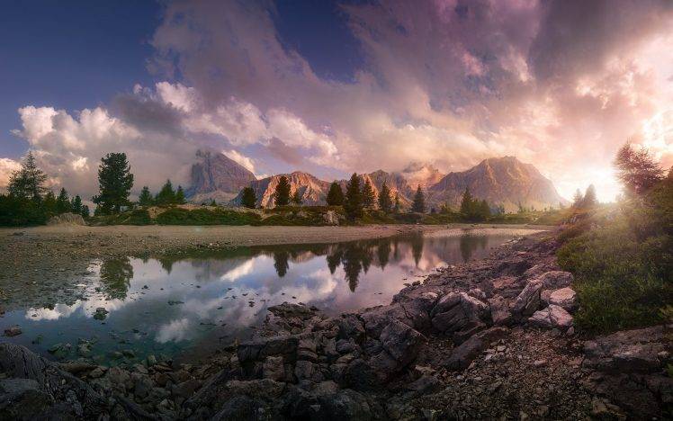 lake, Sunset, Mountain, Clouds, Italy, Reflection, Nature, Trees, Sky, Landscape, Summer, Europe, Rock HD Wallpaper Desktop Background