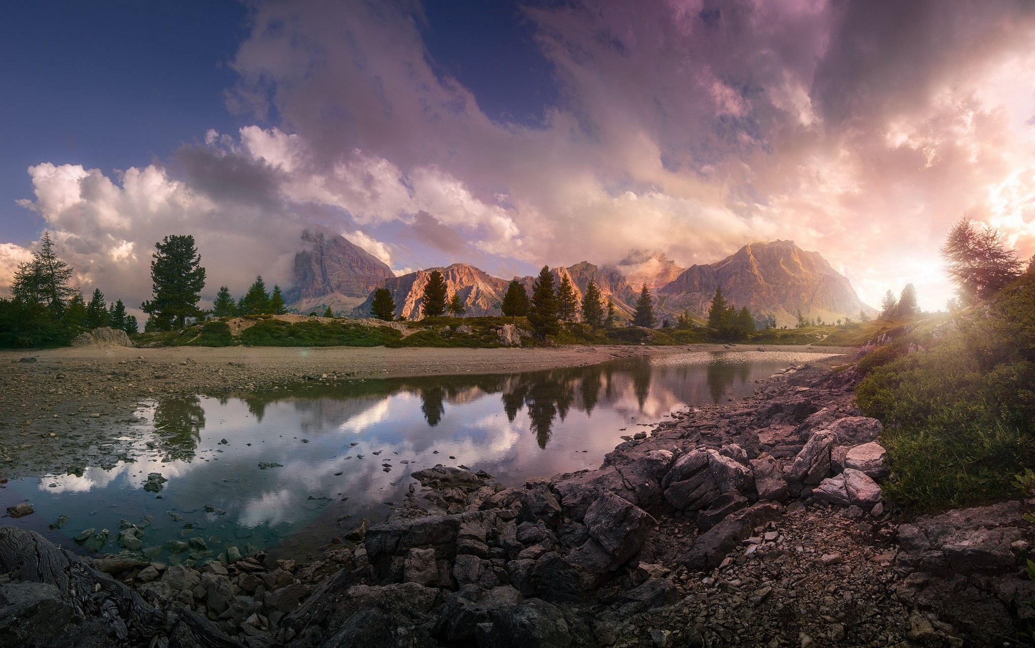 lake, Sunset, Mountain, Clouds, Italy, Reflection, Nature, Trees, Sky, Landscape, Summer, Europe, Rock Wallpaper