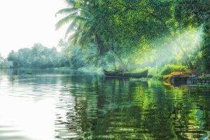 landscape, Nature, Lake, Sun Rays, Boat, Trees, Palm Trees, Mist, Green, Tropical, Water