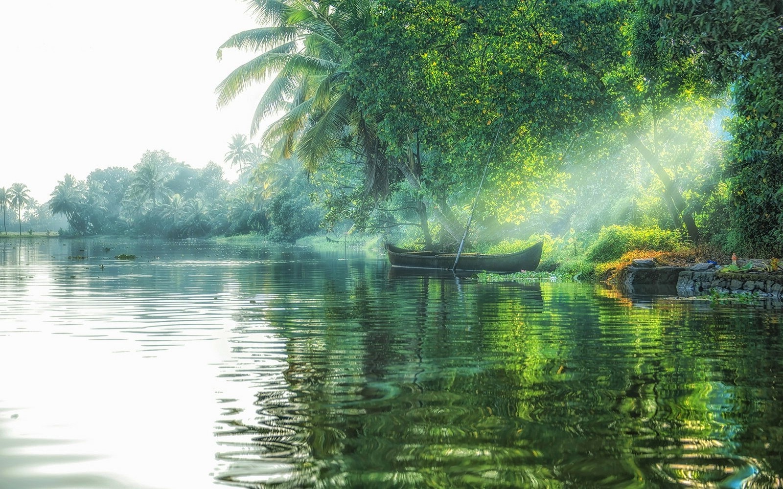 landscape, Nature, Lake, Sun Rays, Boat, Trees, Palm Trees, Mist, Green, Tropical, Water Wallpaper