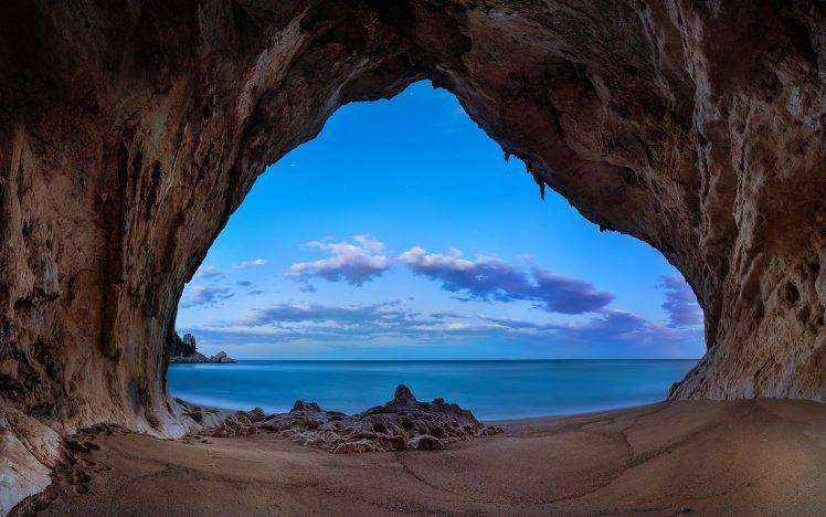 landscape, Nature, Beach, Cave, Sand, Rock, Sea, Clouds, Blue, Morning, Coast HD Wallpaper Desktop Background