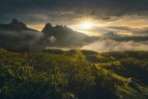 nature, Landscape, Mountain, Sunset, Shrubs, Spring, Italy, Sun Rays, Mist, Clouds