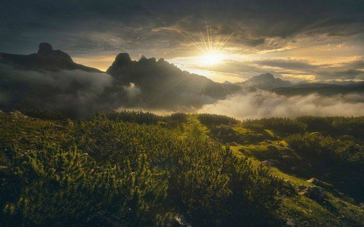 nature, Landscape, Mountain, Sunset, Shrubs, Spring, Italy, Sun Rays, Mist, Clouds HD Wallpaper Desktop Background