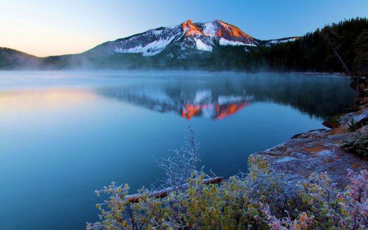 nature, Landscape, Lake, Sunset, Mountain, Mist, Frost, Snowy Peak, Oregon, Shrubs, Trees, Water, Calm HD Wallpaper Desktop Background