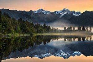 nature, Landscape, Lake, Reflection, Sunrise, Mountain, Forest, Mist, Snowy Peak, Water, New Zealand, Trees