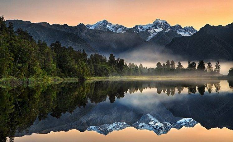 nature, Landscape, Lake, Reflection, Sunrise, Mountain, Forest, Mist, Snowy Peak, Water, New Zealand, Trees HD Wallpaper Desktop Background