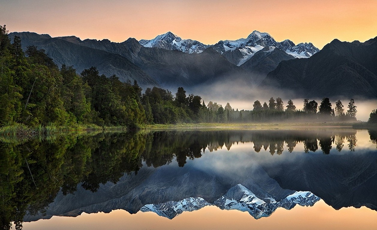 nature, Landscape, Lake, Reflection, Sunrise, Mountain, Forest, Mist, Snowy Peak, Water, New Zealand, Trees Wallpaper