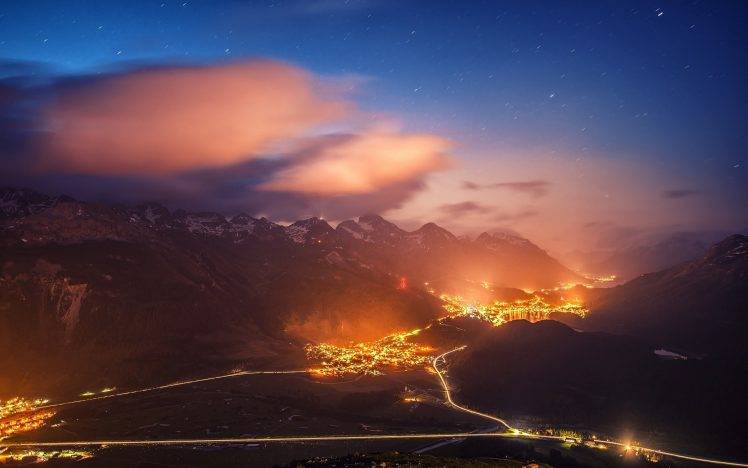 cityscape, City, Night, Lights, Road, Mountain, Landscape, Clouds, Stars, Switzerland HD Wallpaper Desktop Background