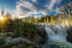 waterfall, Sunset, River, Forest, Sky, Nature, Landscape, Sun Rays, Trees, Mist, Hill, Clouds, Rock, Pine Trees
