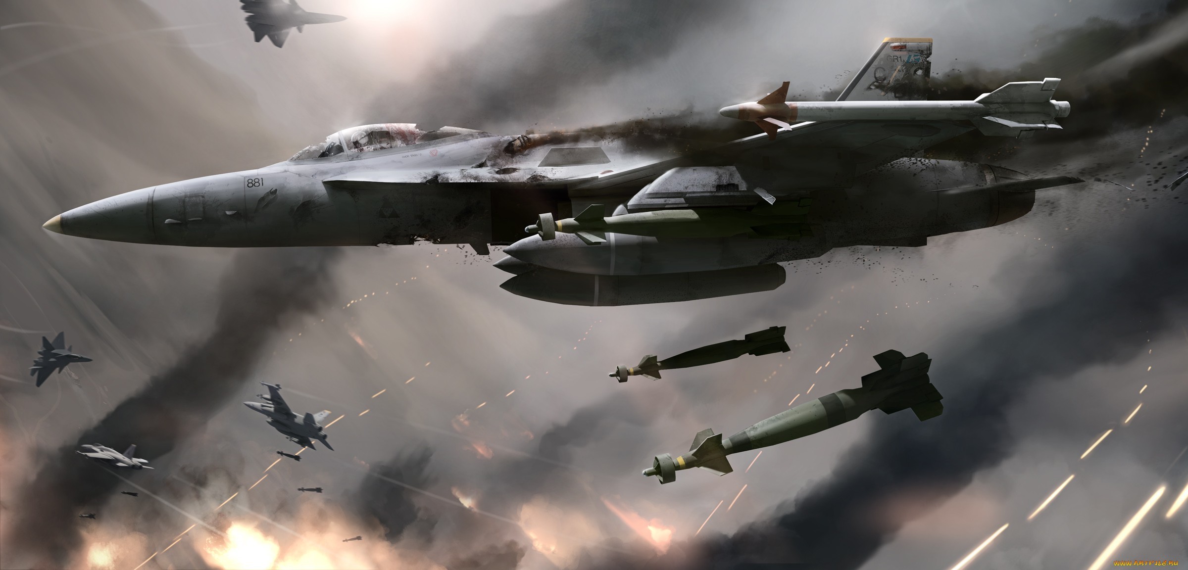 artwork, Digital Art, Military Aircraft, Aircraft, FA 18 Hornet, Dogfight, Bombs Wallpaper