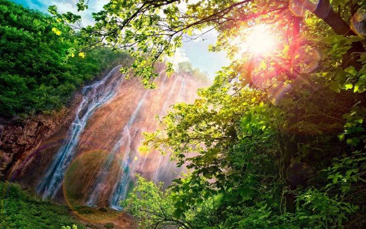 forest, Waterfall, Sunlight, Nature, Landscape, Trees, Branch, Lens Flare HD Wallpaper Desktop Background